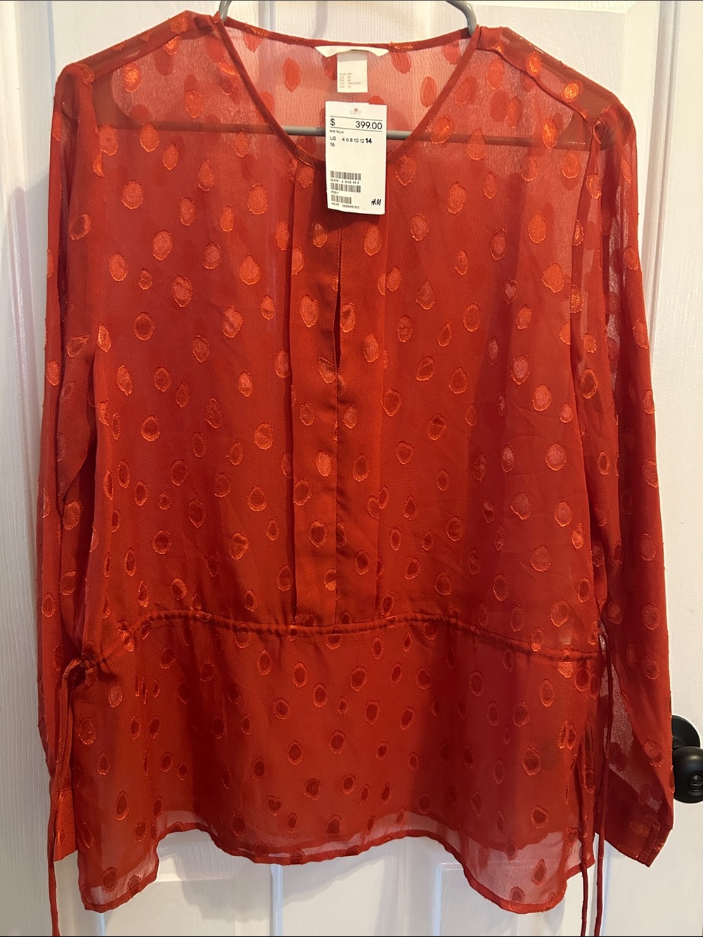 H&M Orange-Red Sheer Polka-Dot Long-Sleeve Blouse